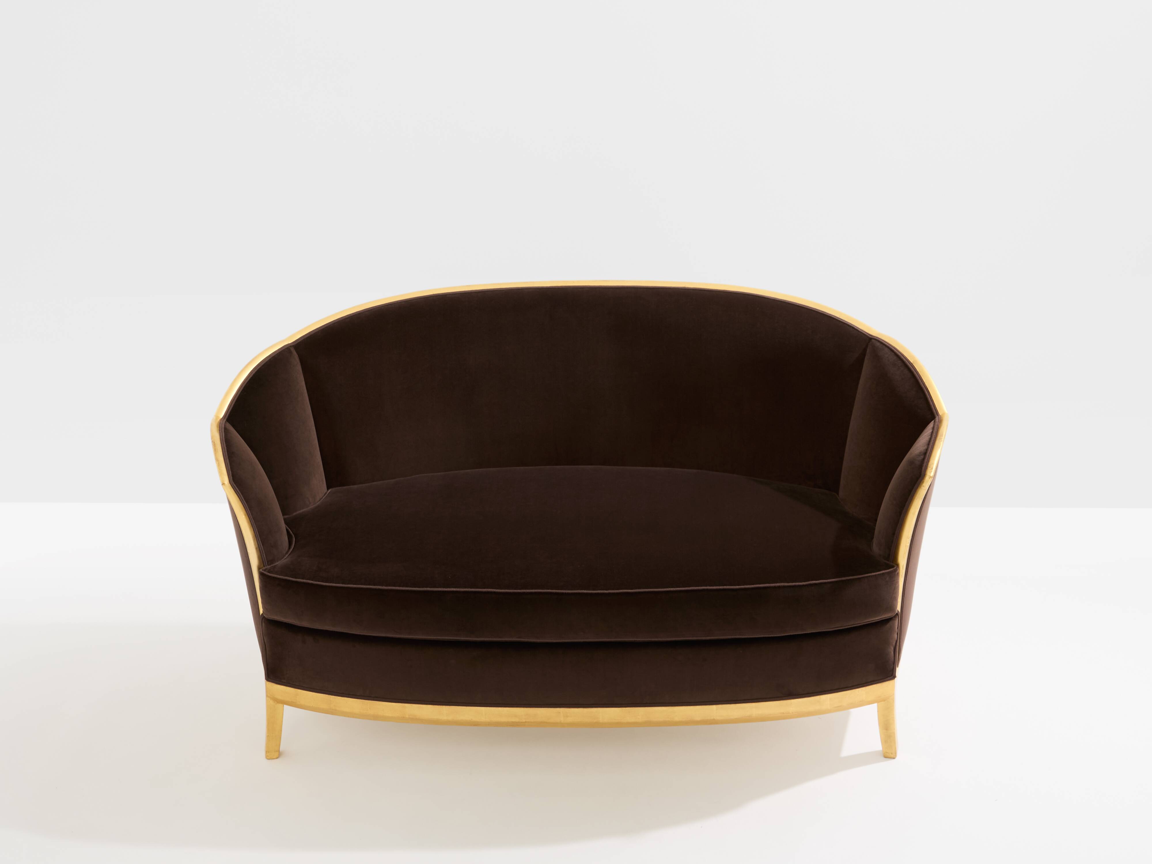 Maurice Dufrène gilded wood bench with brown velvet 1925