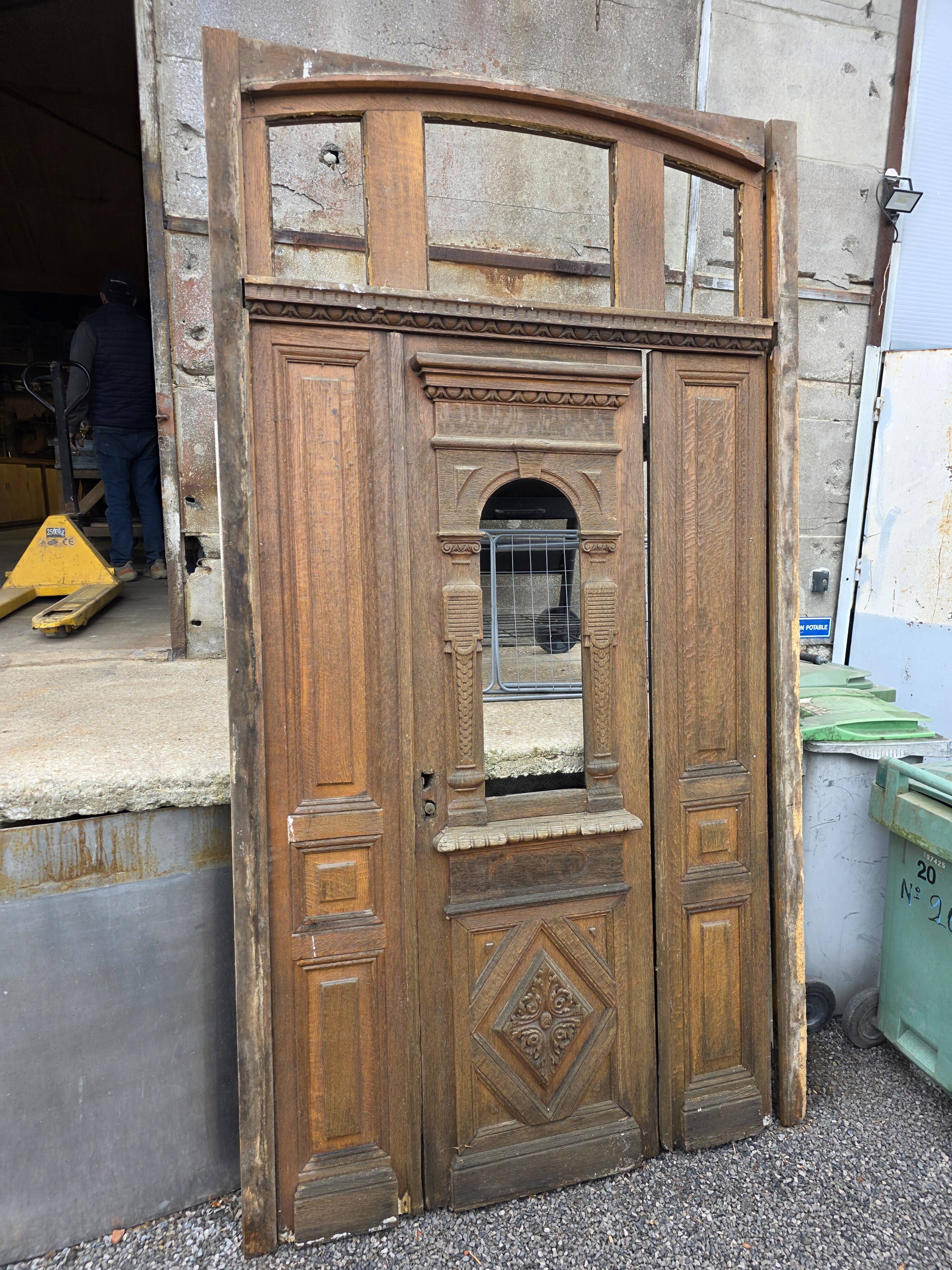 19th-century solid oak entrance door with three openings, including frame.