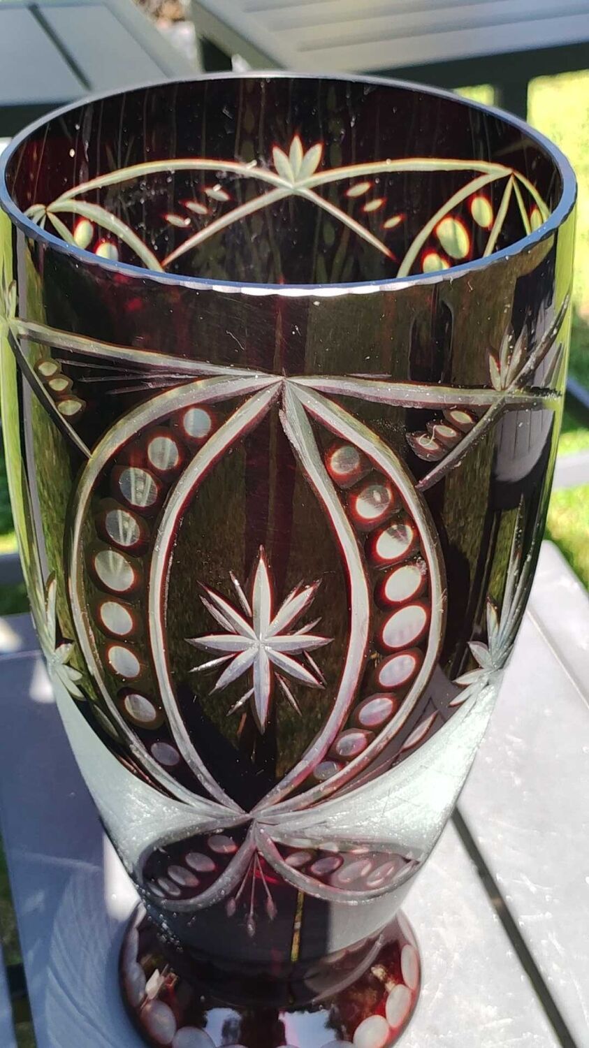 Bohemian/Czech Boho crystal vase, Burgundy red, vintage