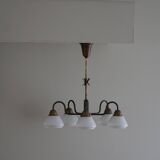 A modern Danish chandelier with 5 heads in opaline glass and brass, Art Deco, 1940s.