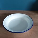 Round metal enamelled dish white edging blue dp 0323154