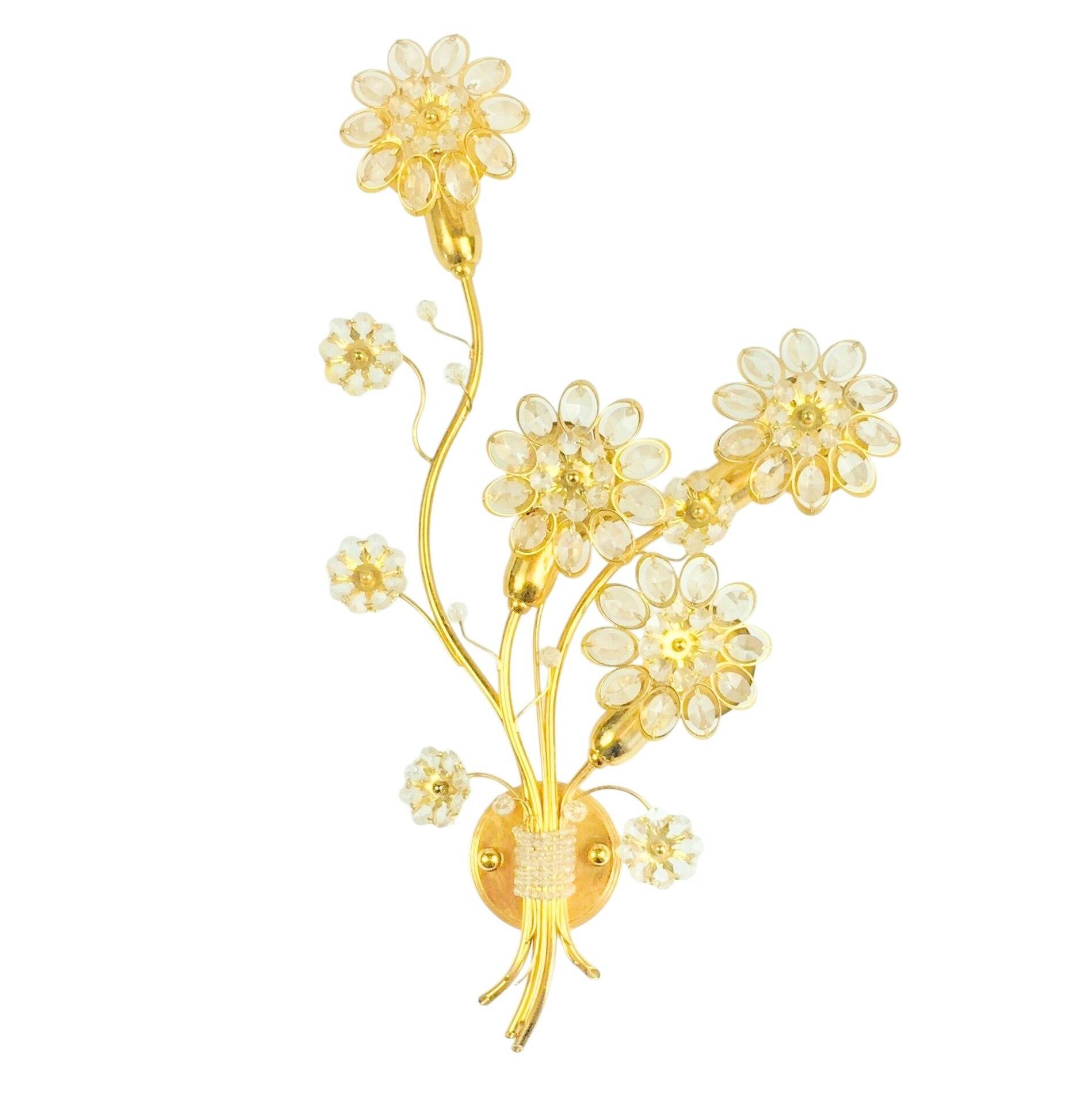 Large Gilt Brass & Crystal Flower Shape Wall Light from Palwa, 1970s
