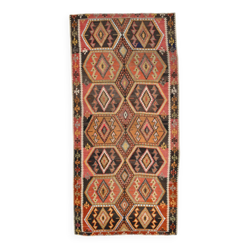 Terracotta Tribal Desing Turkish Oushak Kilim Carpet Rug, 156x324 Cm