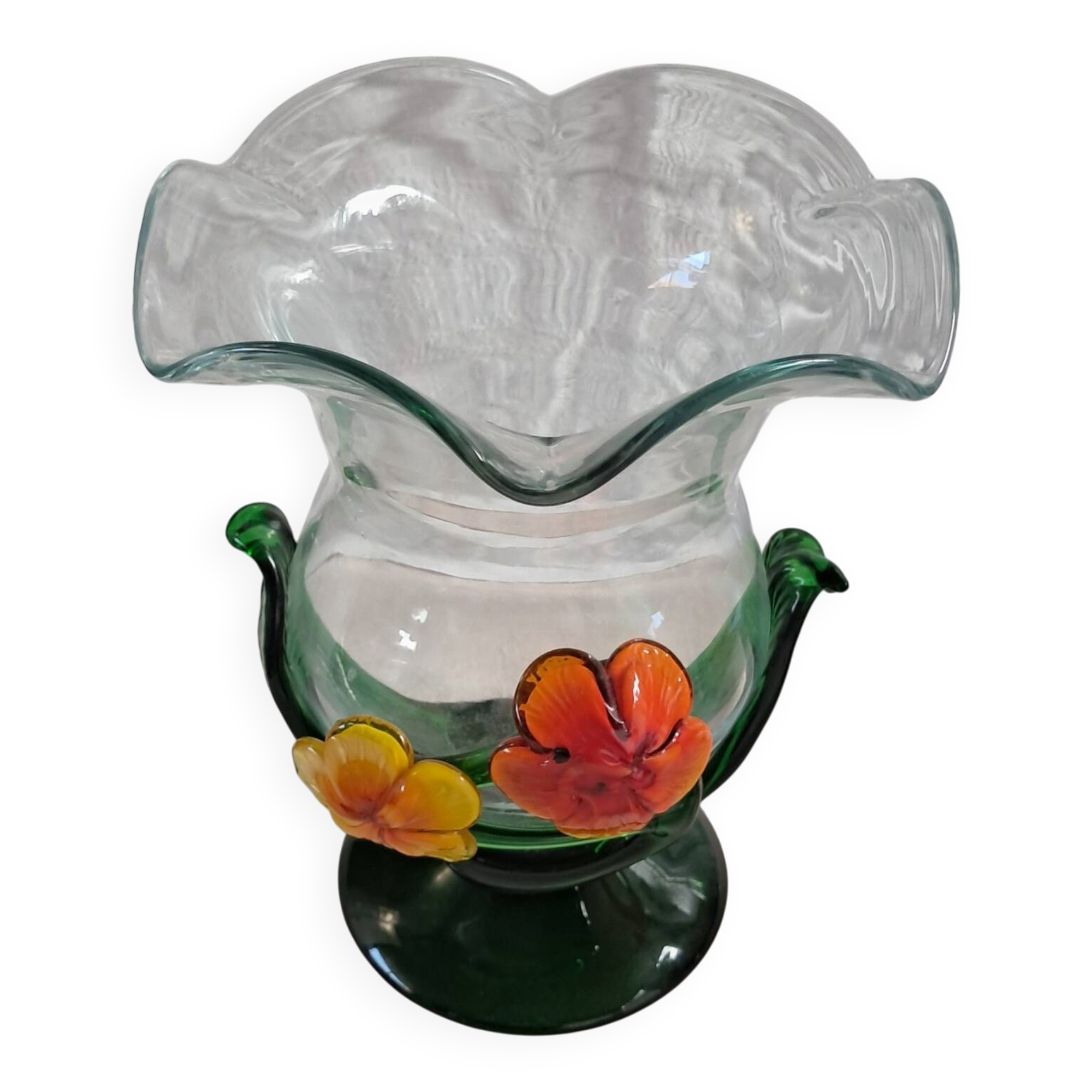 Vintage corolla vase in blown glass with applied flowers – Mura style