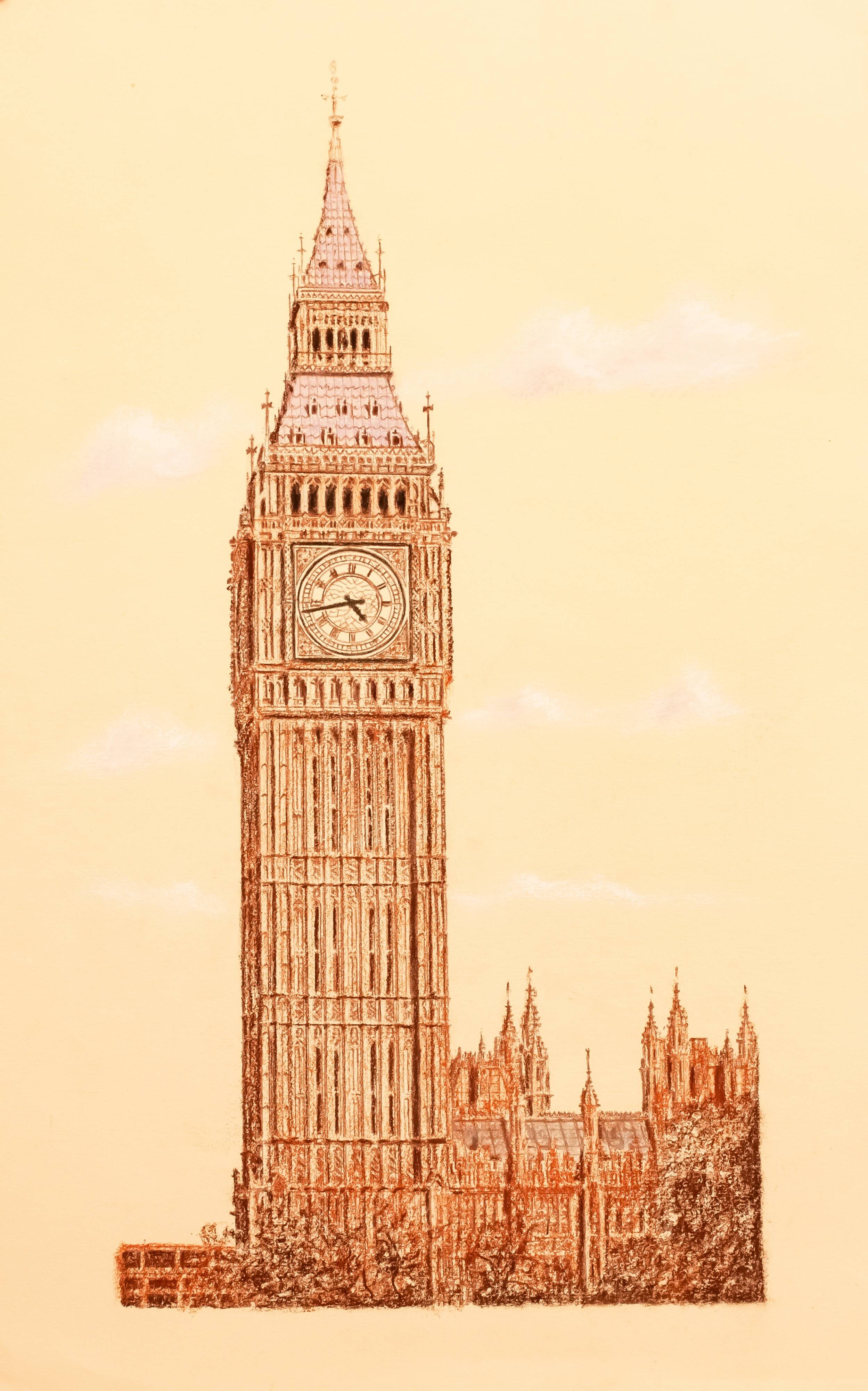 DRAWING OF THE TOWER OF LONDON. BIG BEN.