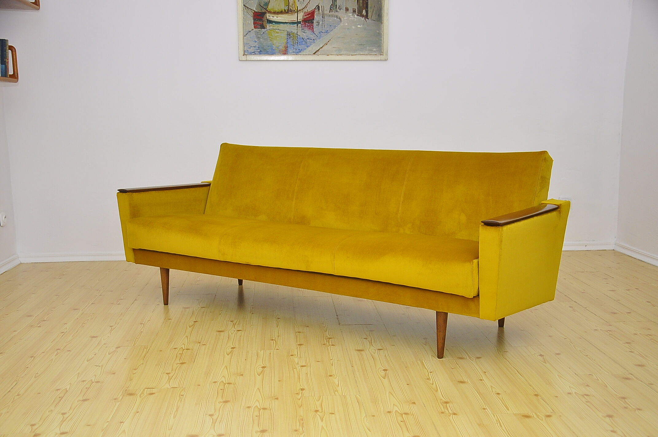 Yellow velvet sofa with fold-out function, 1960s