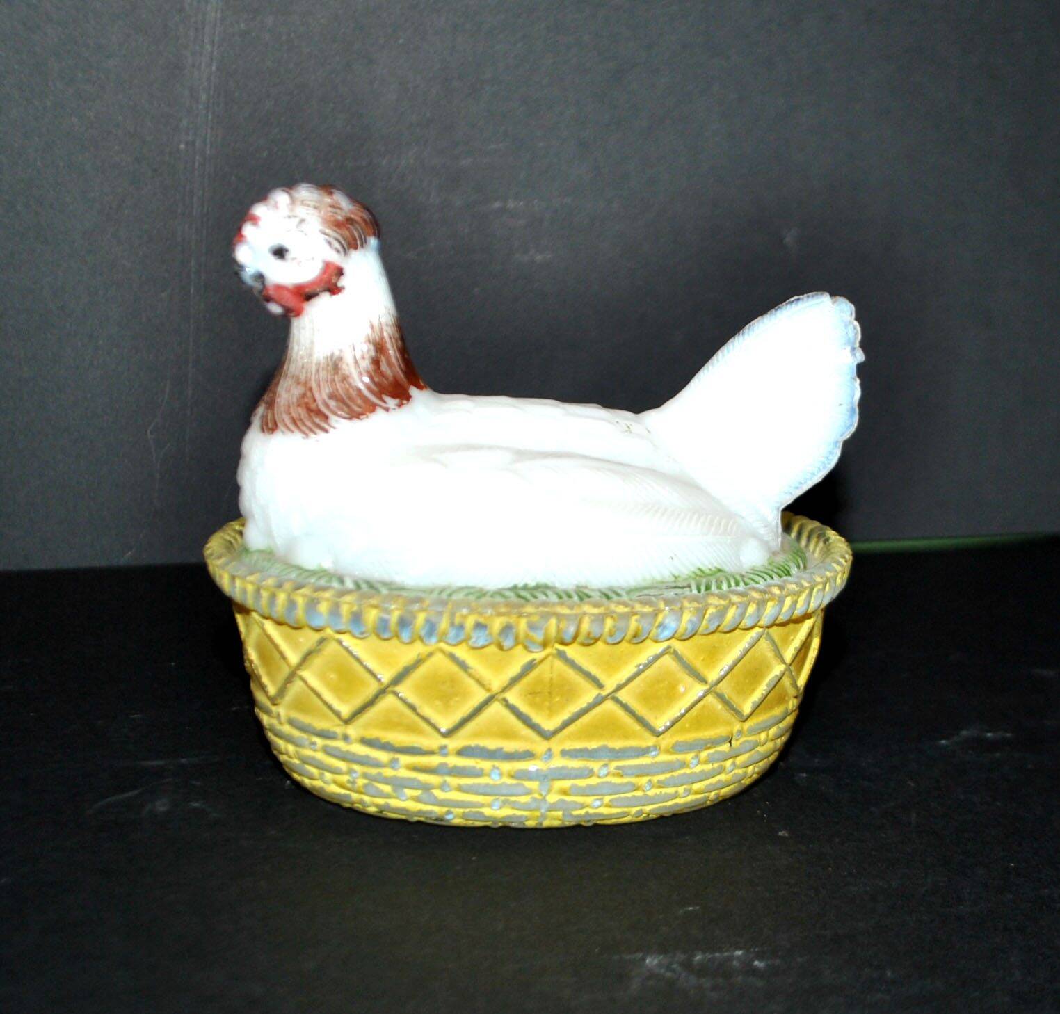 Portieux painted opaline glass hen candy box