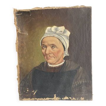 Portrait of a woman with a 19th-century headdress.