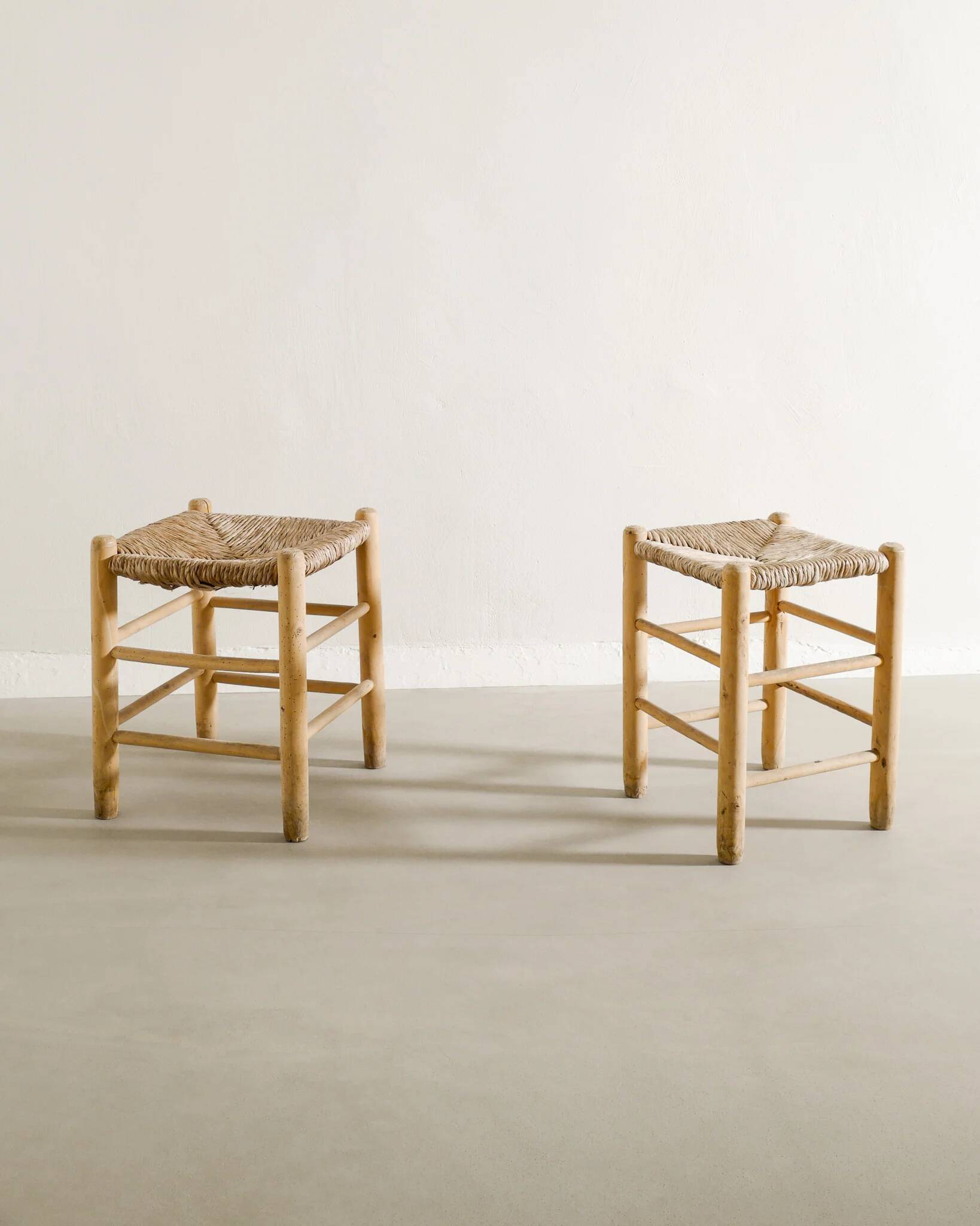 Pair of French Mid Century Wooden Straw Stools, 1960s