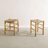 Pair of French Mid Century Wooden Straw Stools, 1960s
