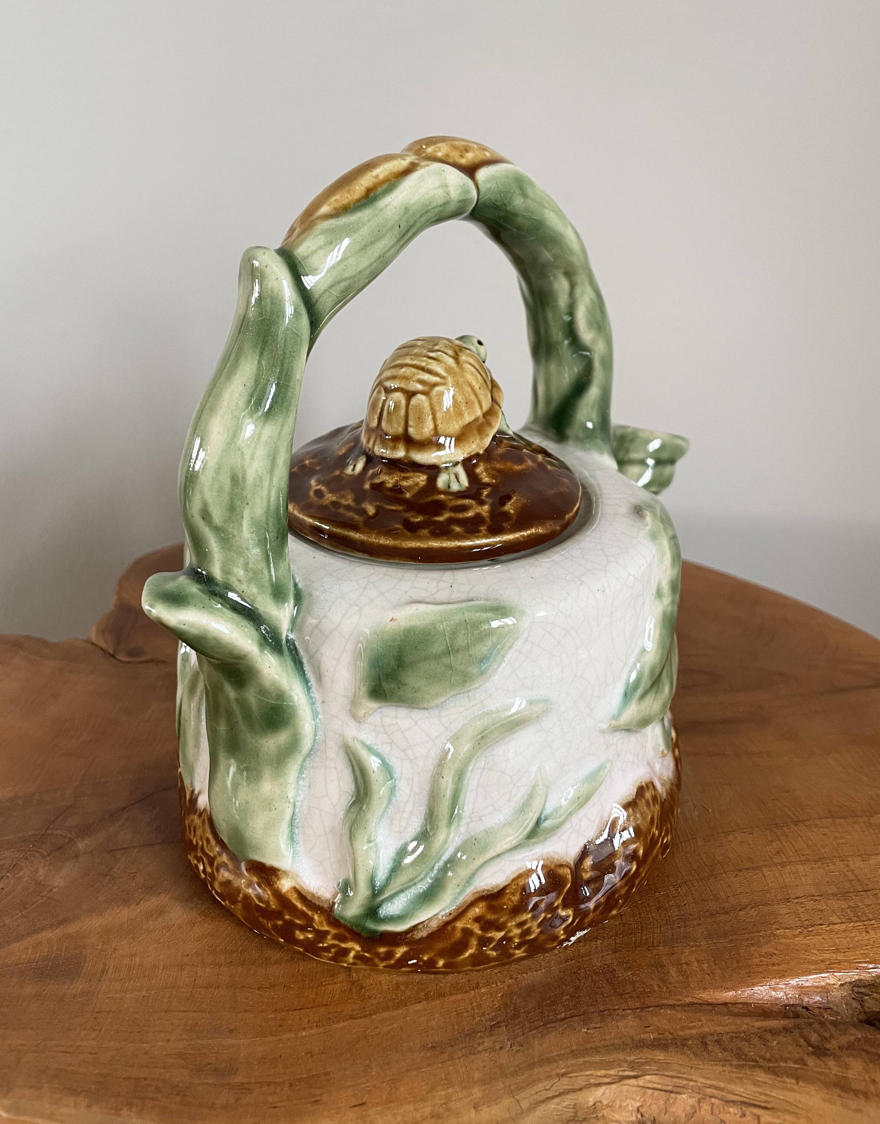 Chinese-American Majolica Turtle & Underwater Landscape Teapot, Vintage Shiwan Ware by RC Creations