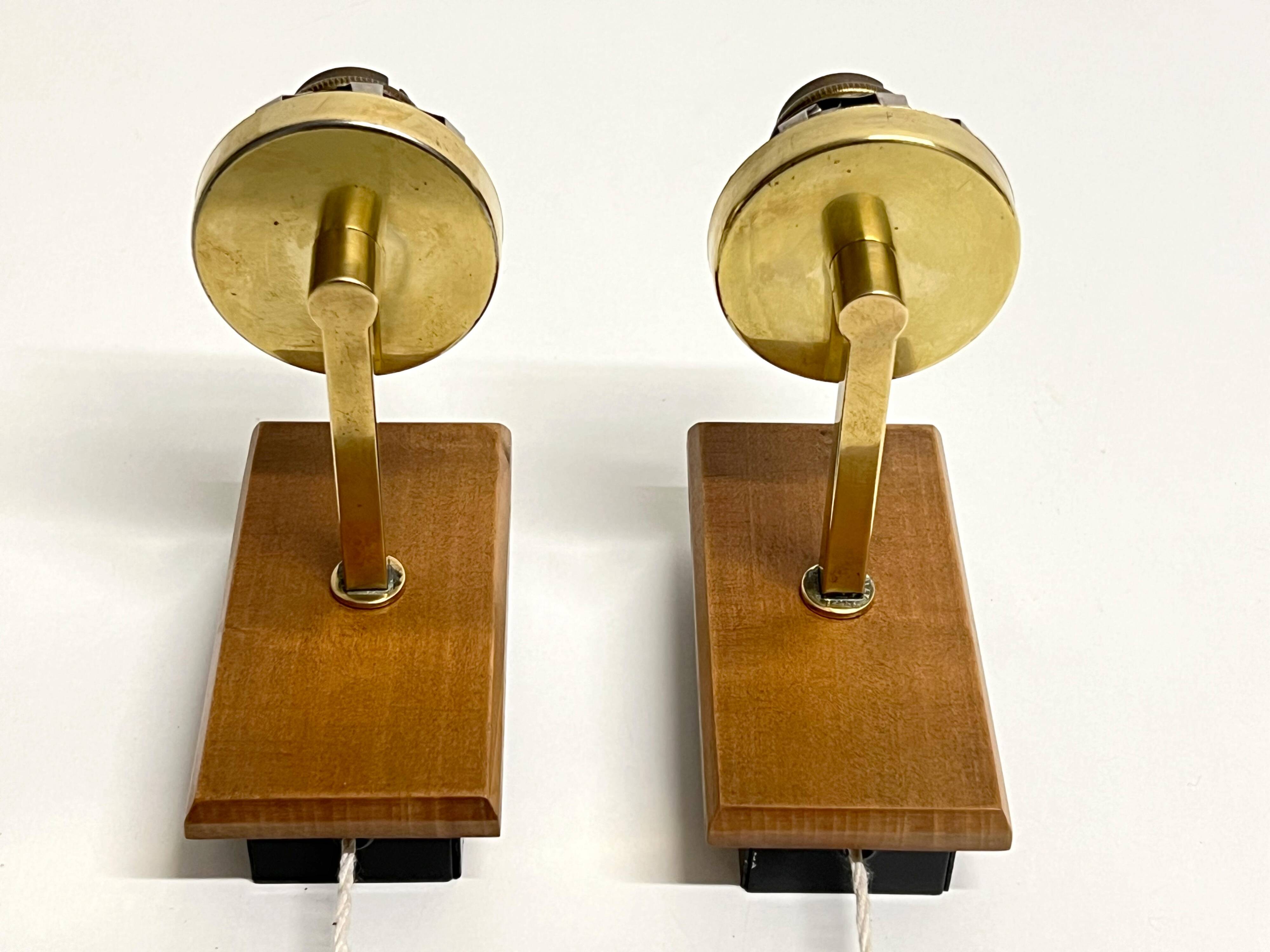 Pair of Scandinavian Wall Lights - Opaline Brass Wood - 50's 60's