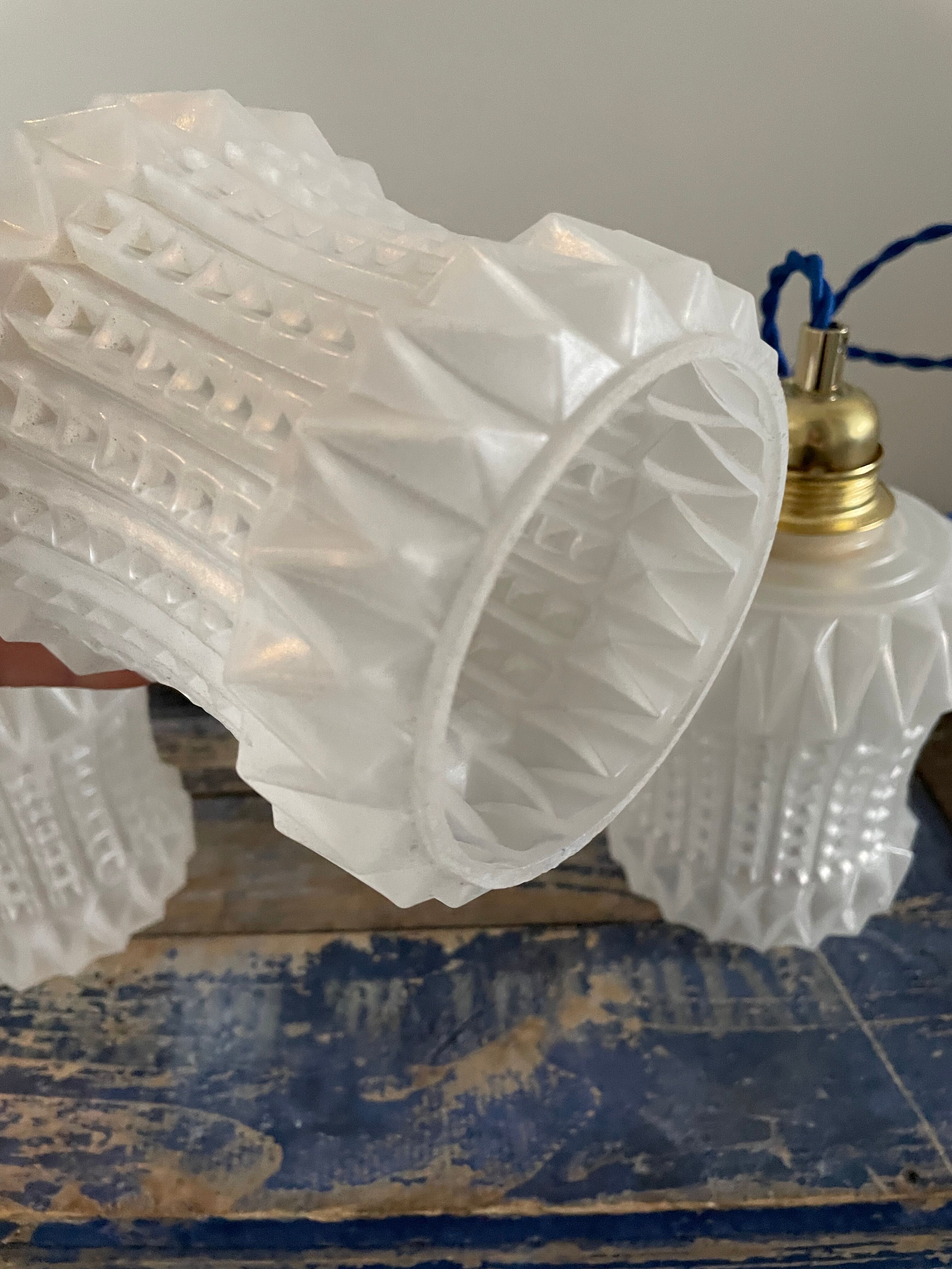 Set of three vintage electrified white glass pendant lamps with new