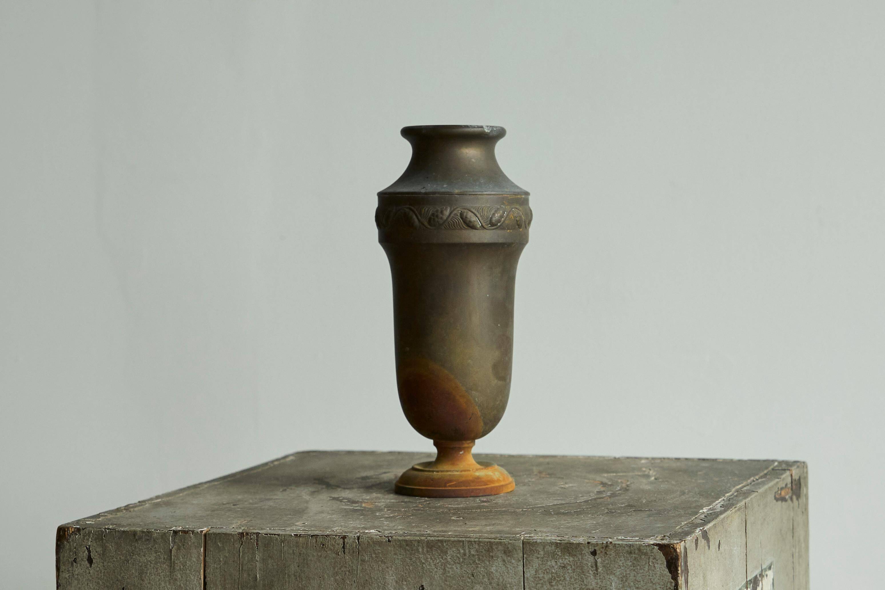 Wabi-Sabi patinated metal Art Deco vase