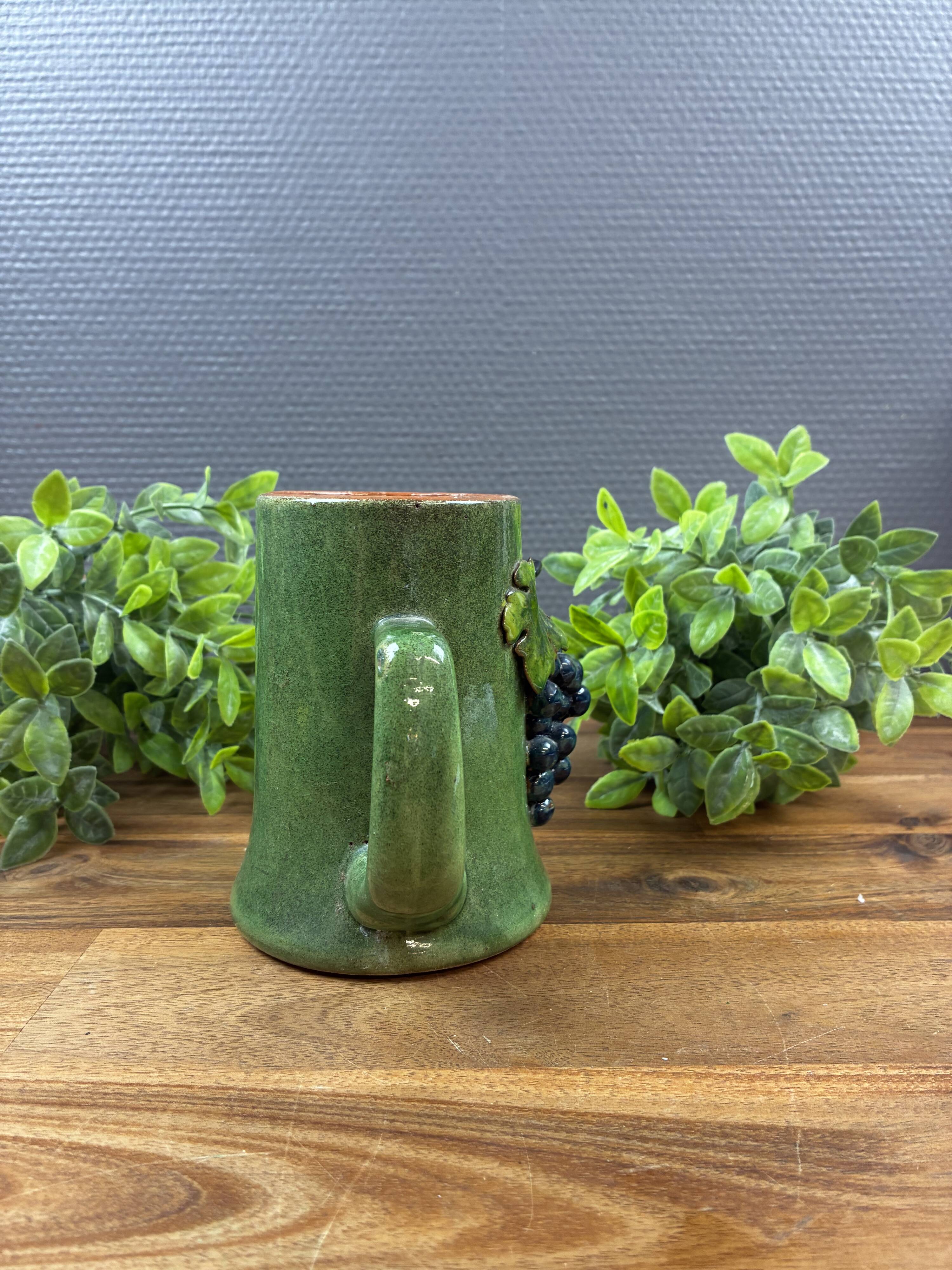 Old Green Glazed Ceramic Goblet with Grape Cluster Decoration