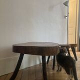 Brutalist wooden table and 3 stools