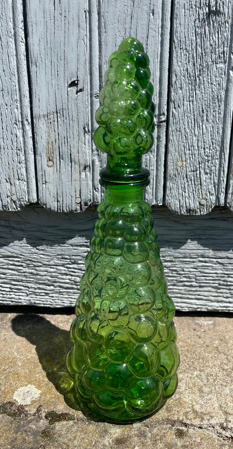 Liqueur service coloured glass empoli, vintage green carafe