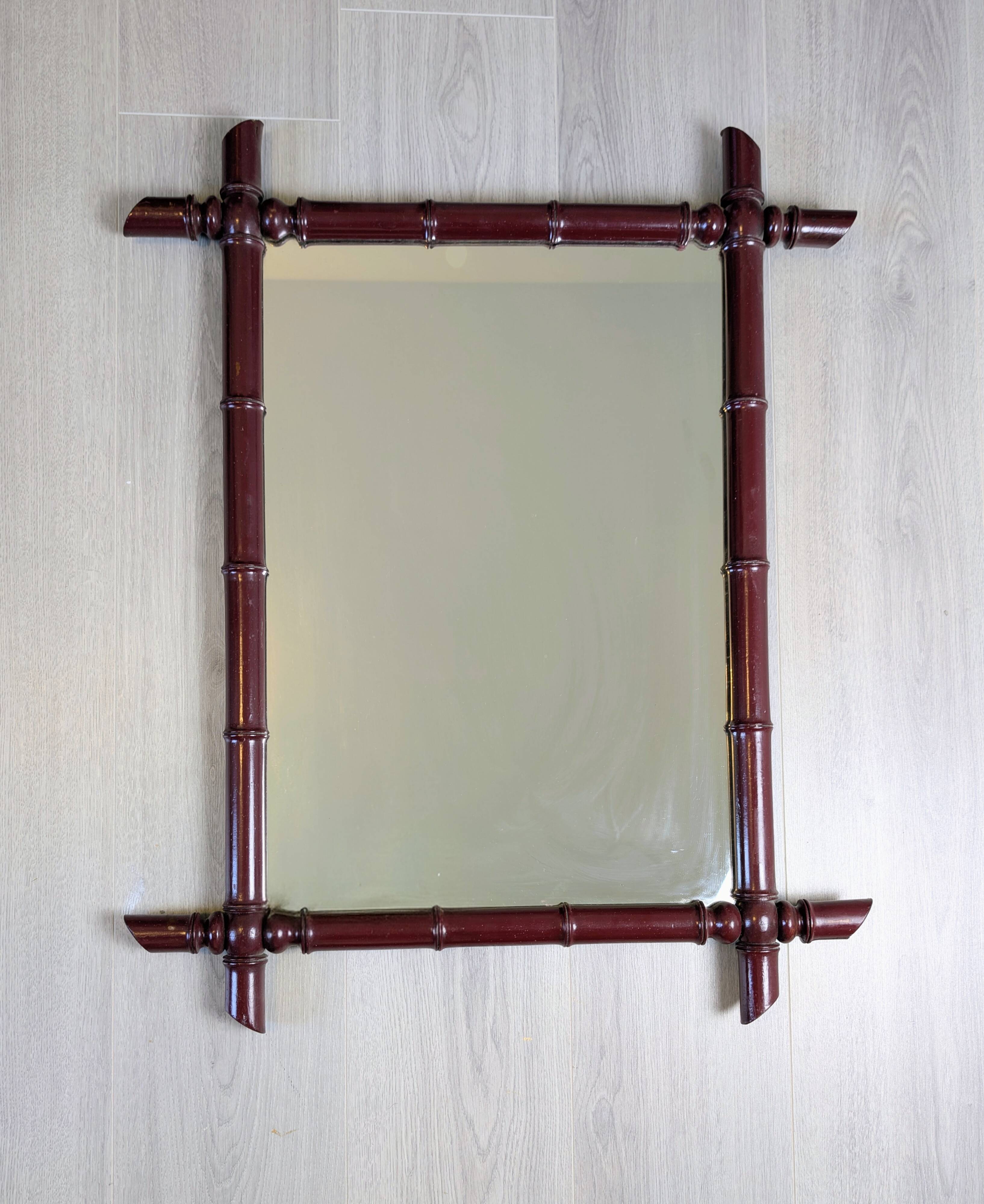 Vintage mirror with a bamboo effect in burgundy, chic exotic style - 79 x 64 cm