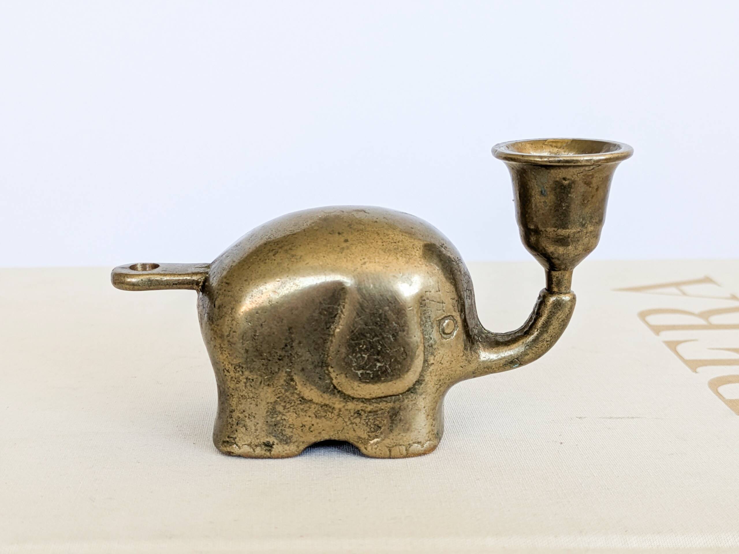 Vintage brass elephant figurine candle holder Haku mid-century