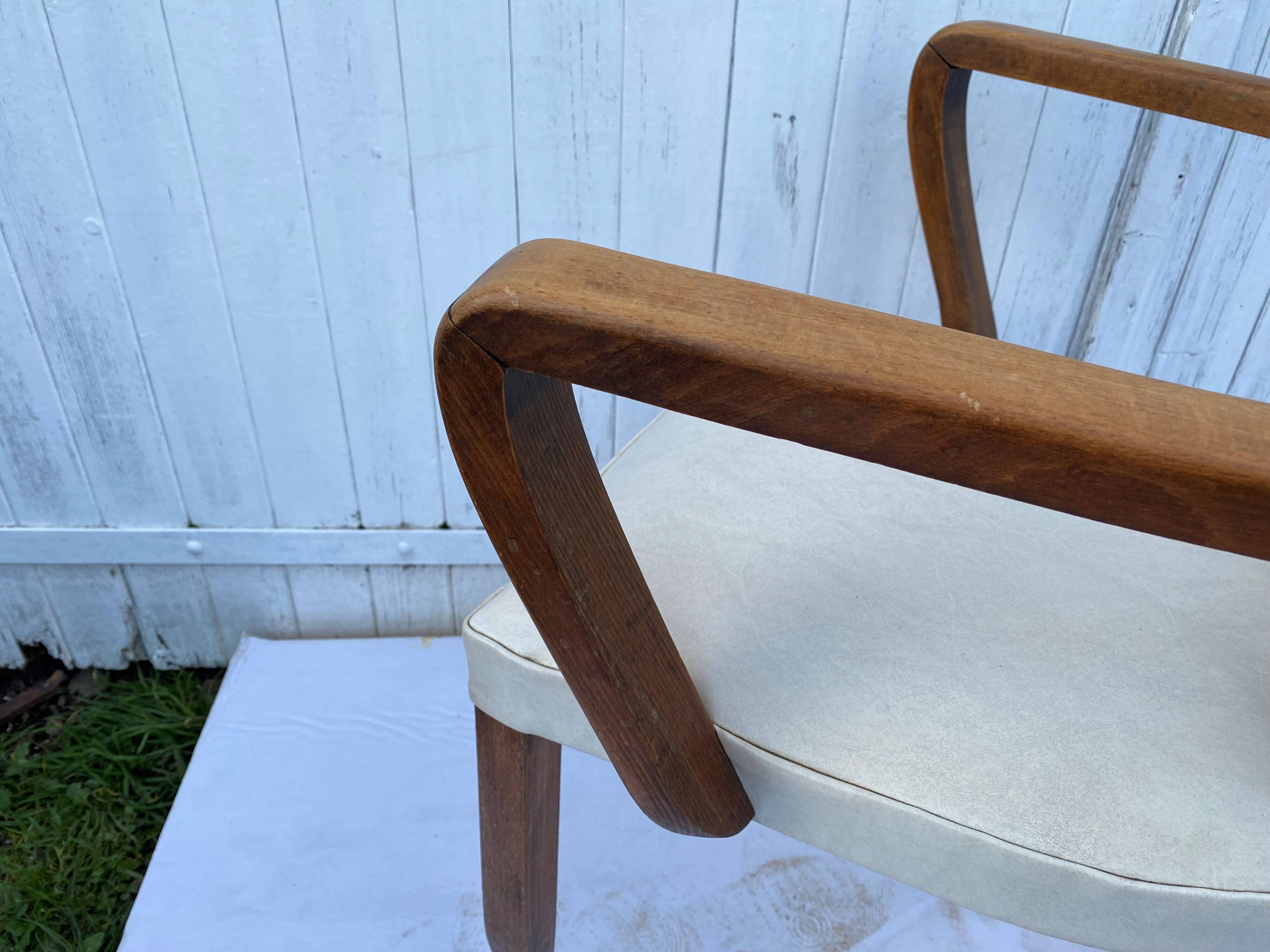 Art deco bridge armchair skai ivory white and solid wood 1930s