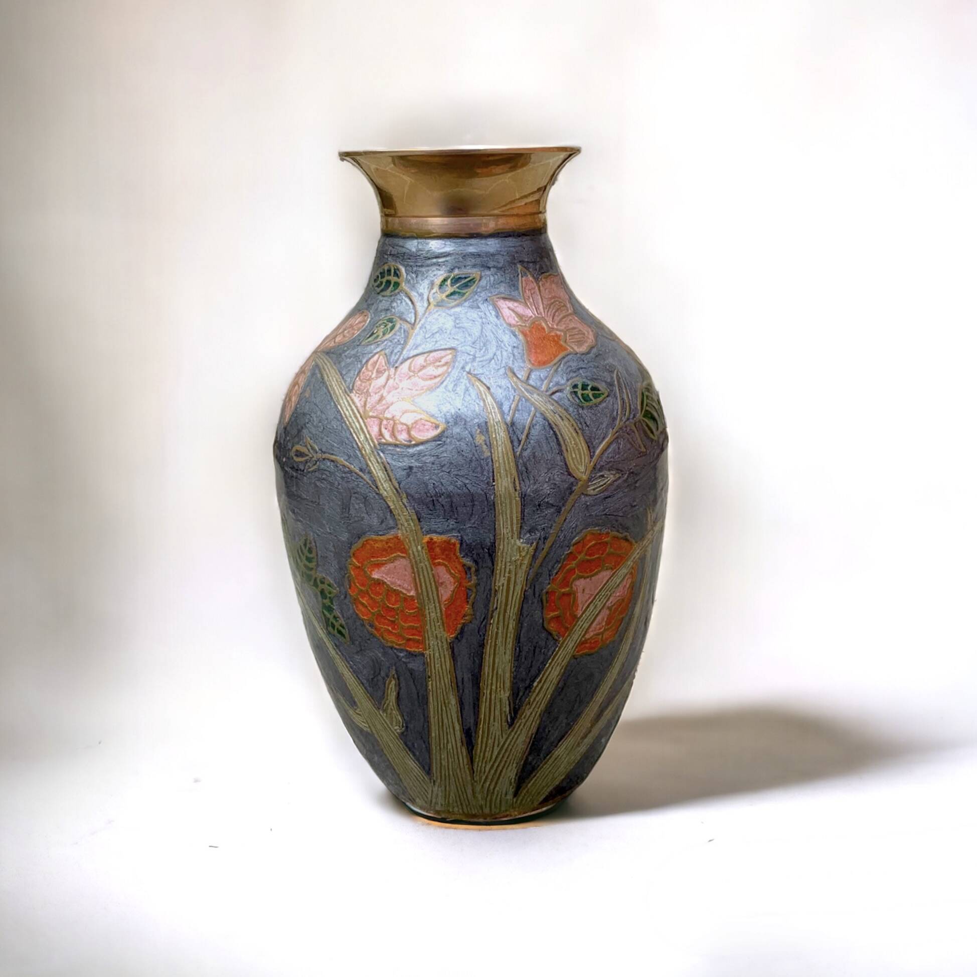 Vintage brass vase with cloisonné enamel floral decoration