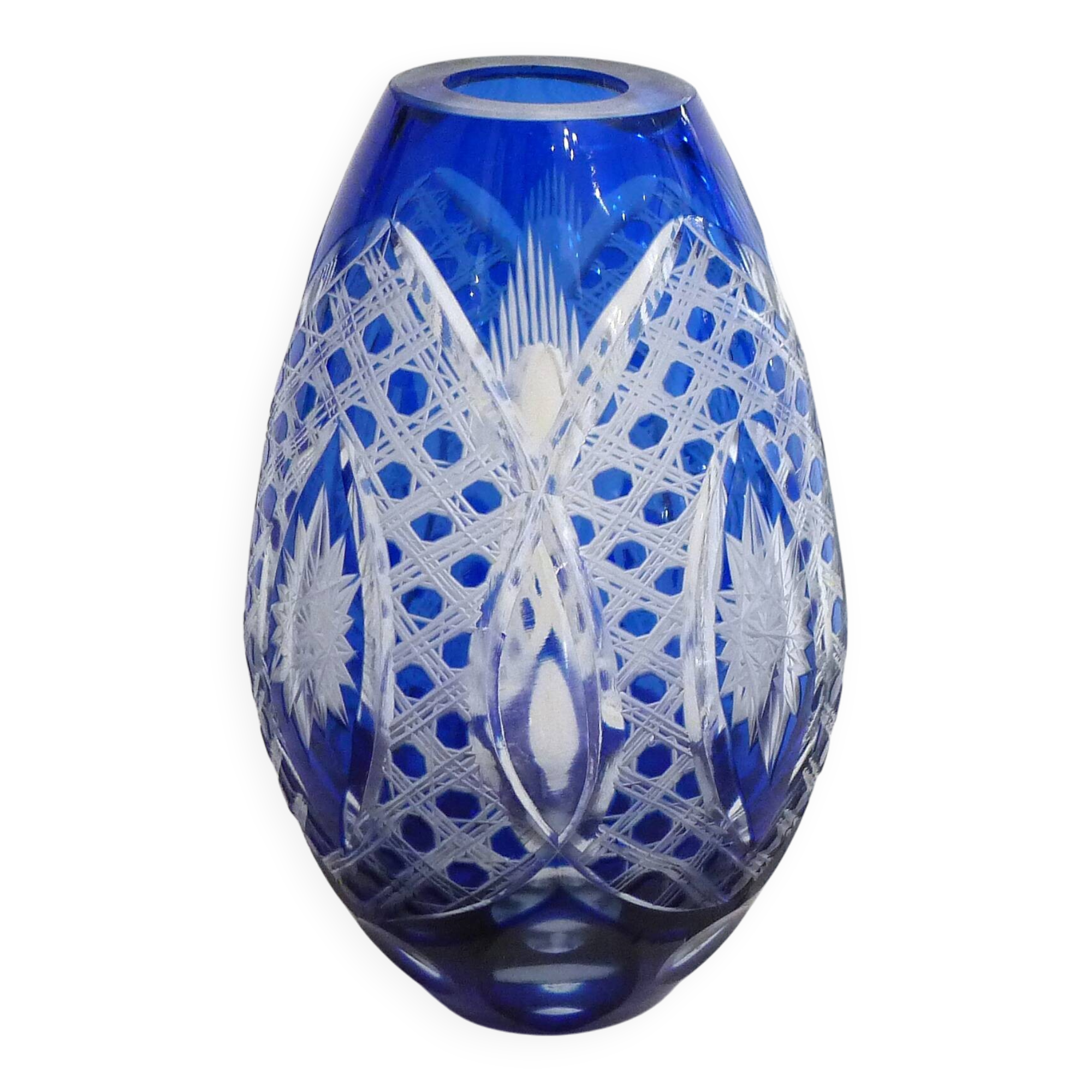 Small Bohemian crystal vase, cut with cobalt lining