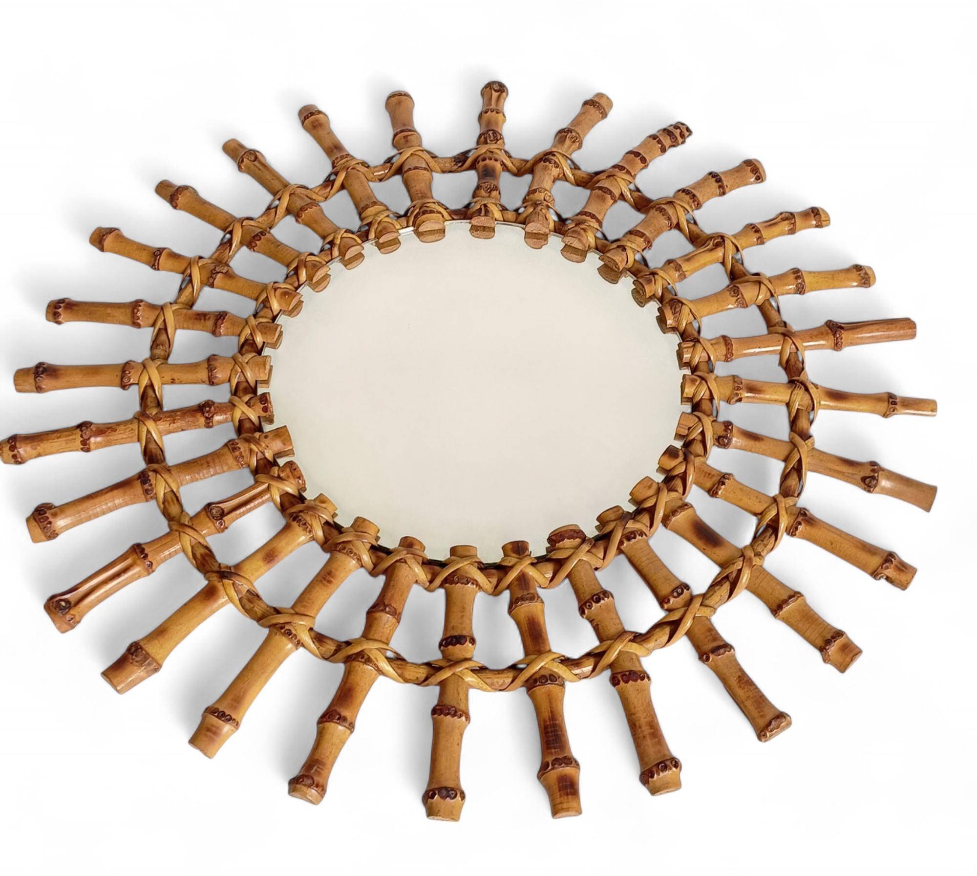 Midcentury Sunburst Mirror, Bamboo & Rattan, Handmade in France, 1950s