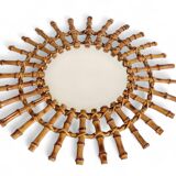 Midcentury Sunburst Mirror, Bamboo & Rattan, Handmade in France, 1950s