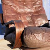 Armchair swivel vintage leather, wood and metal
