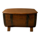 Oak barrel-shaped storage chest with black metal straps, 1930s-1940s.