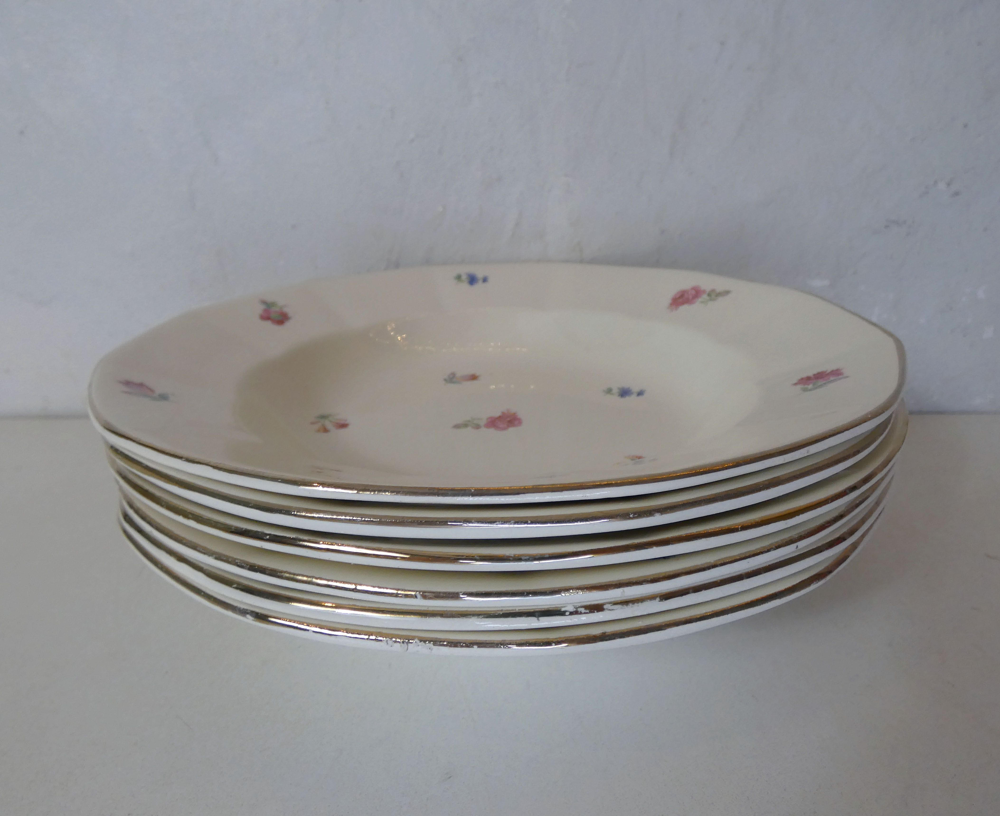 Sarreguemines 6 hollow plates decoration flowers and vintage gold