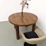 Table ronde moderniste chêne massif, piètement cylindrique pin, DLG Perrian