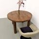 Modernist round table, solid oak, cylindrical pine base, DLG Perrian.