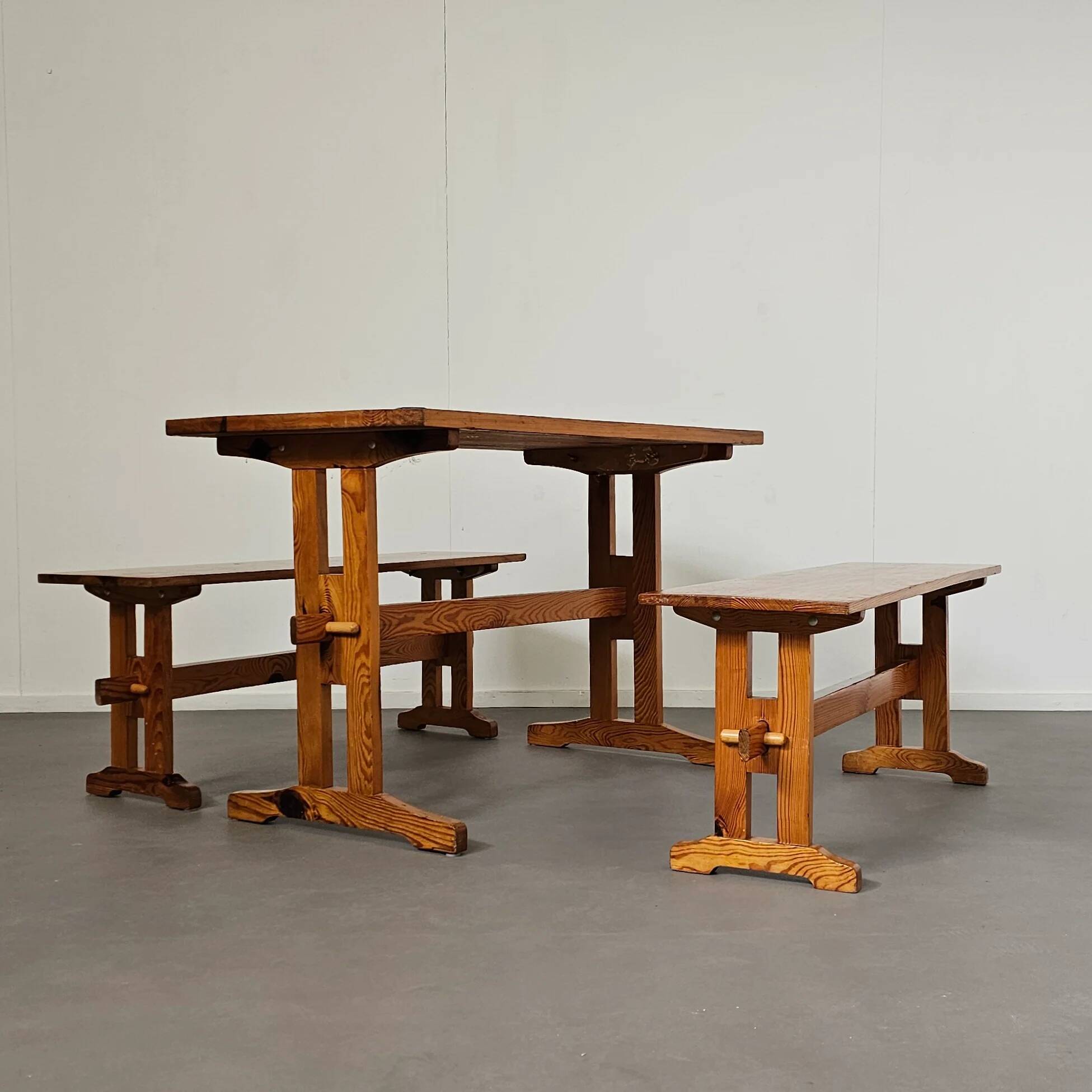 Scandinavian modern solid pinewood benches and dining table, 1970s