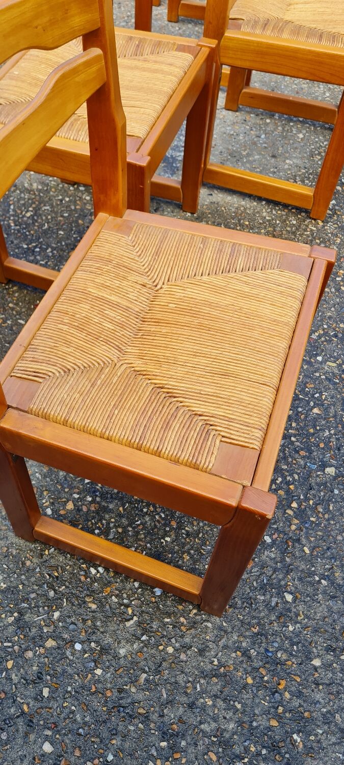 Set of 8 chairs in elm and straw by Maison Regain
