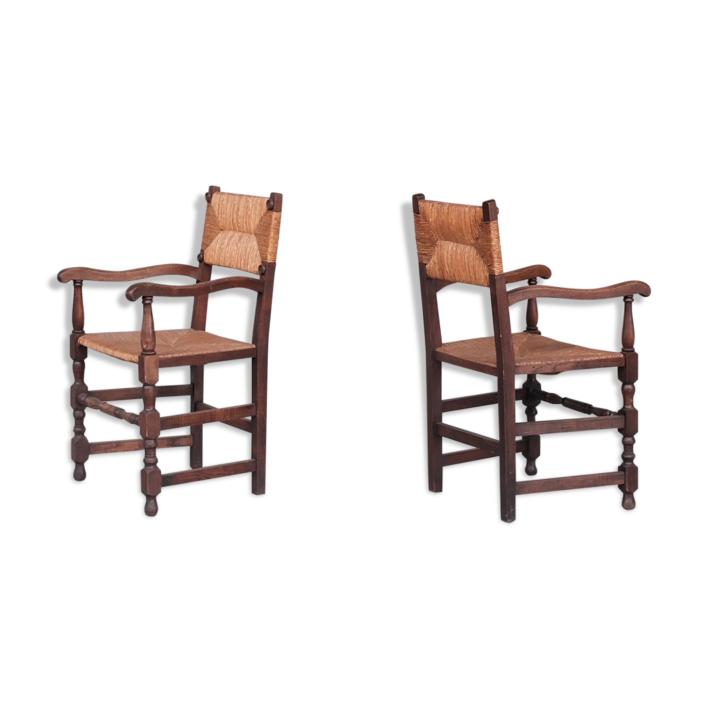 Pair of mid-century oak and rush french armchairs