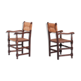Pair of mid-century oak and rush french armchairs