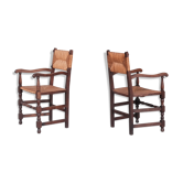 Pair of mid-century oak and rush french armchairs