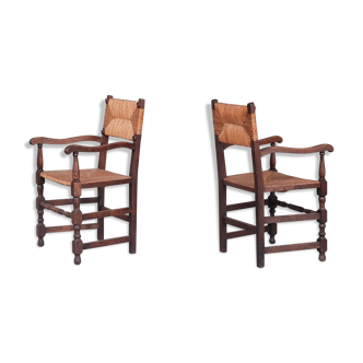 Pair of mid-century oak and rush french armchairs