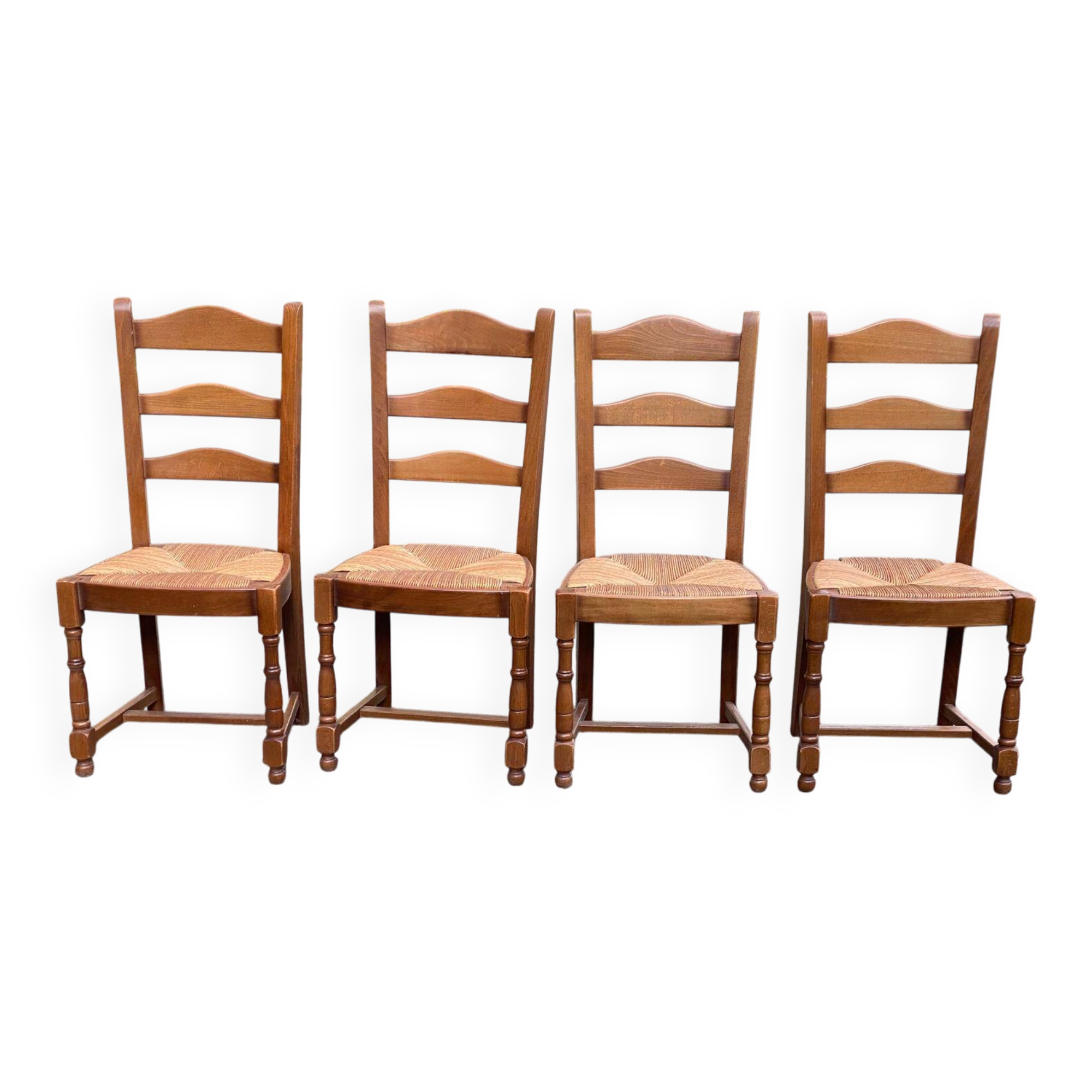 4 solid wood dining chairs with straw seats, 102cm
