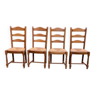 4 solid wood dining chairs with straw seats, 102cm