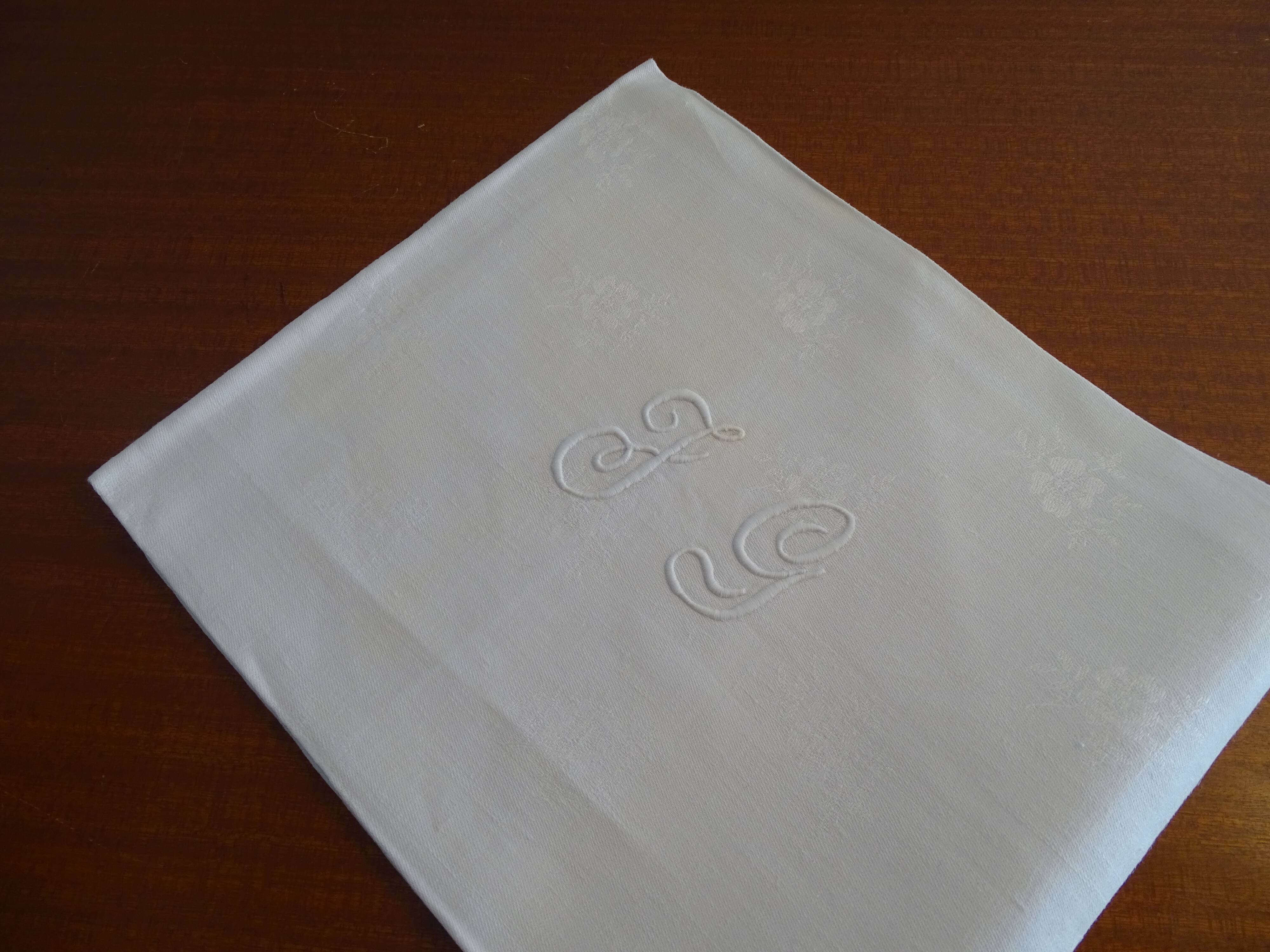 Lot de 10 serviettes de table brodées coton damassé monogramme J.G