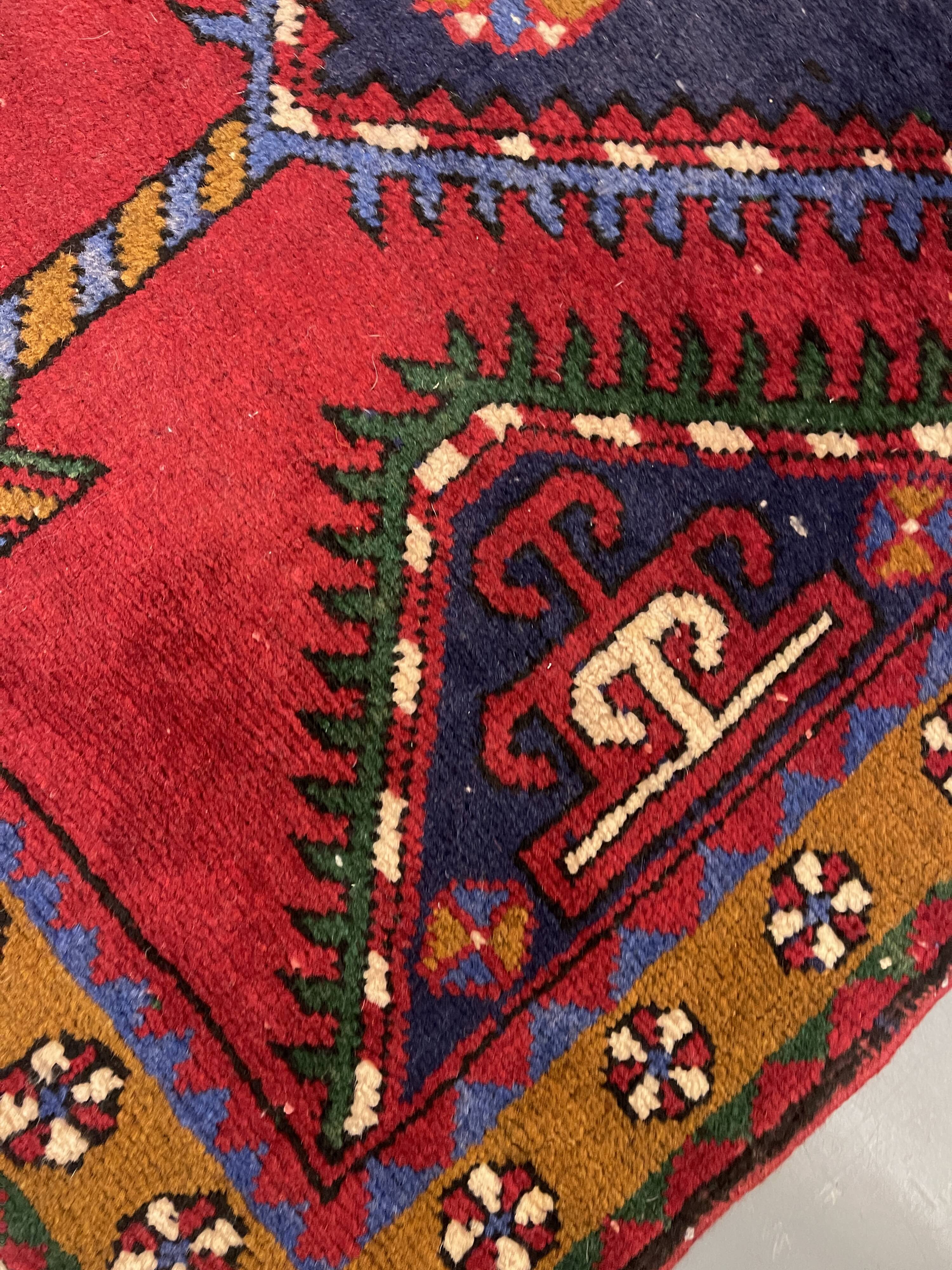 Vintage Geometric Burgundy Red Wool Runner Rug, 1950s Hand-Knotted Carpet