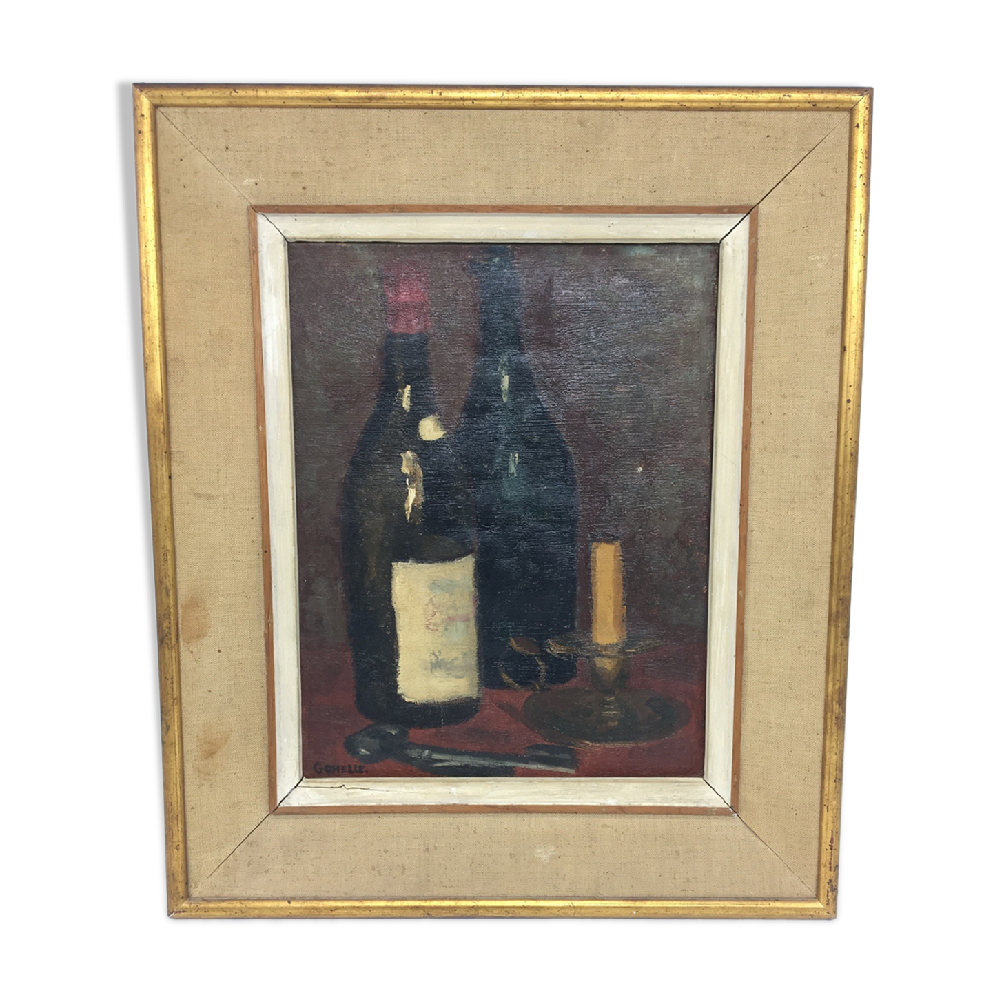 Still life with bottles of wine and candle district XX century
