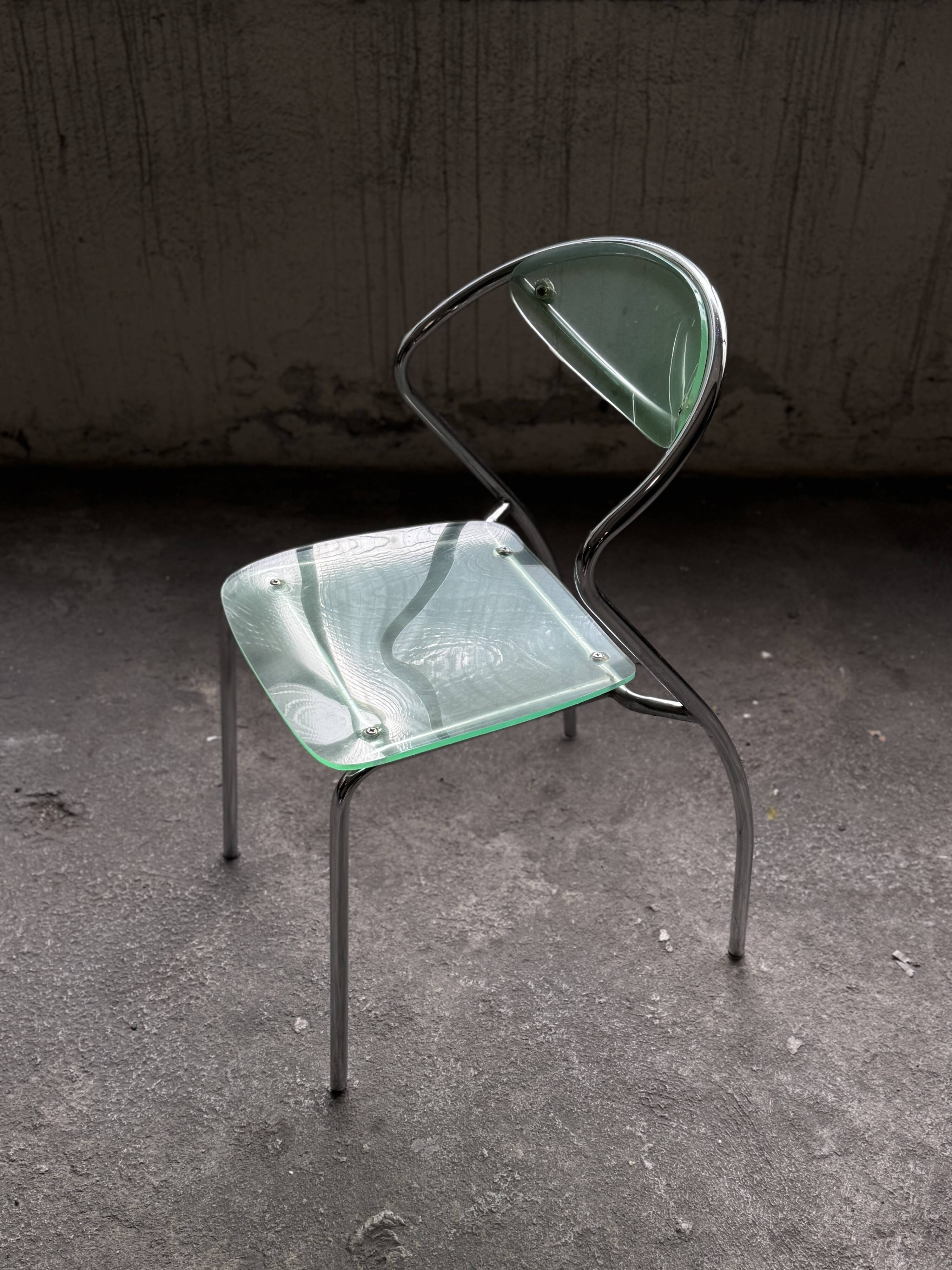 set of 4 designer chrome and plexiglass chairs, 80s