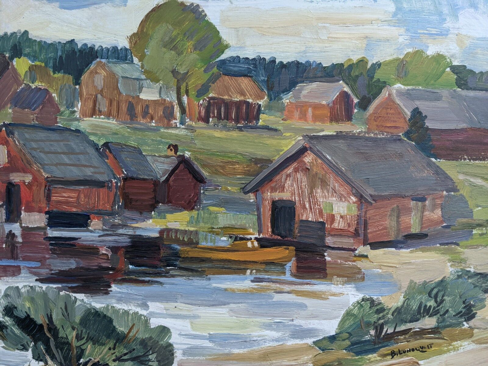 Mid-Century Modern "Lake Houses" Swedish Vintage Landscape Oil Painting, Framed