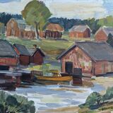 Mid-Century Modern "Lake Houses" Swedish Vintage Landscape Oil Painting, Framed