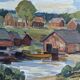 Peinture à l’huile de paysage vintage suédoise « maisons de lac » moderne du milieu du siècle, encadrée