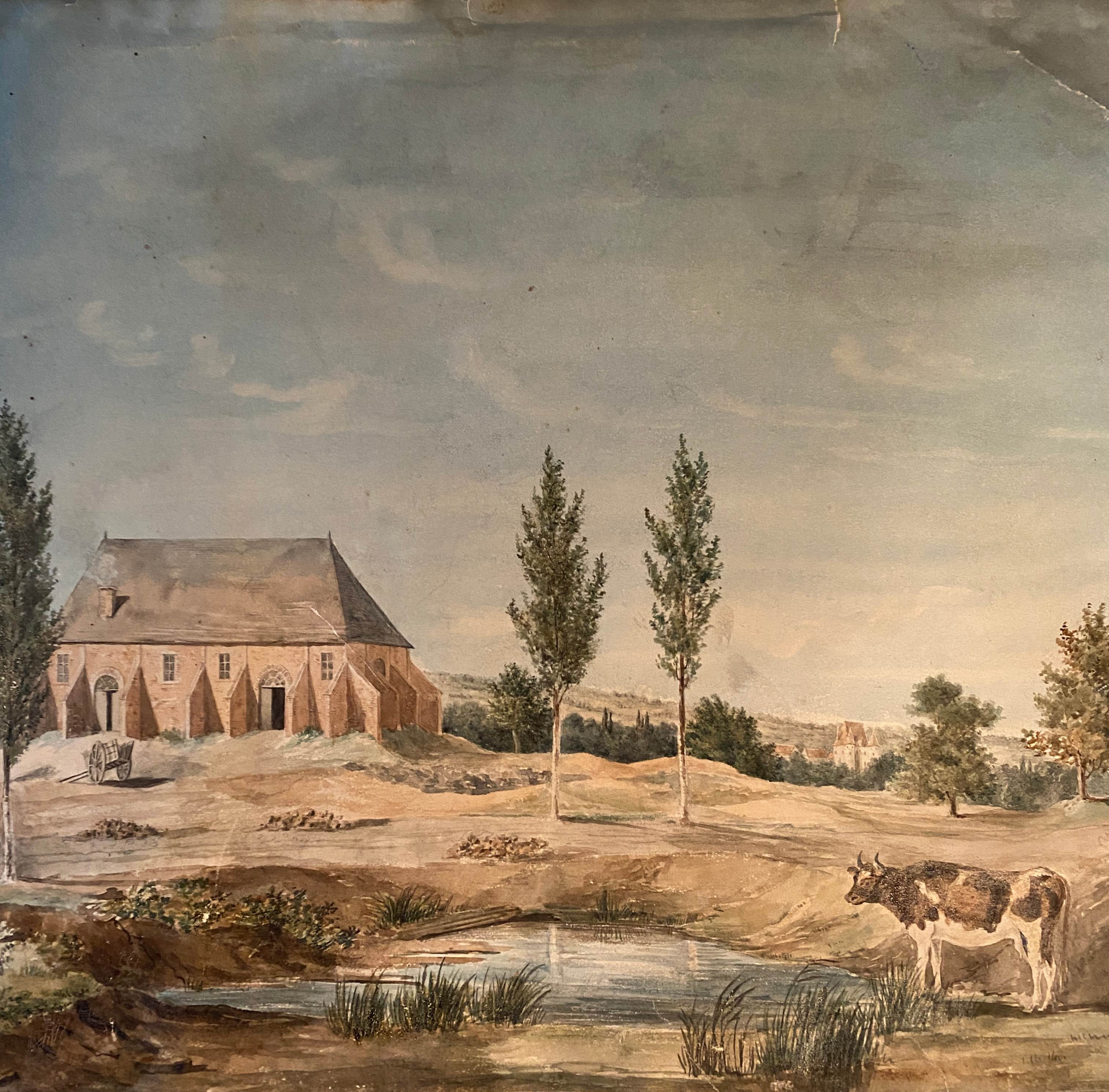 Watercolor painting "Landscape with Abbey village and pasture" XIXth century