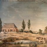 Tableau aquarelle "Paysage avec Abbaye village et pâturage" XIX° siècle